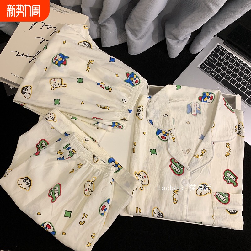 红豆蜡笔小新情侣纯棉睡衣女薄夏天短袖三件套棉绸大码宽松男士家