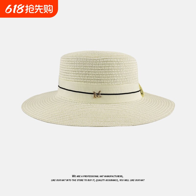 法式平顶帽子女款新款赫本风草帽海边夏天遮阳防晒礼帽沙滩帽