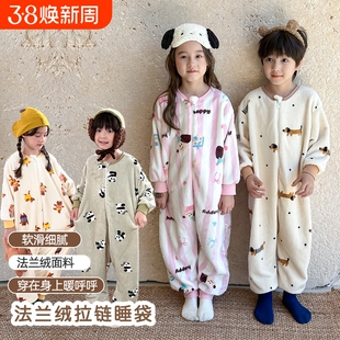 儿童连体睡衣秋冬季法兰绒女宝宝睡袋男童珊瑚绒加厚款孩防踢着凉