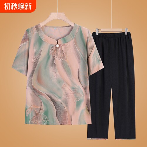 妈妈夏T恤国风套装冰丝老人衣服