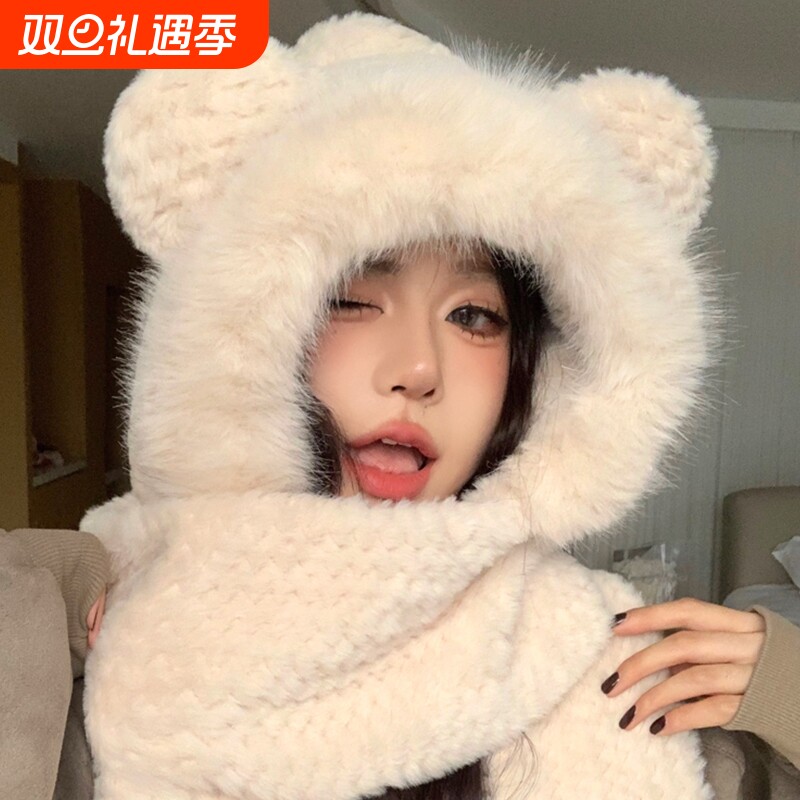 毛绒帽子围巾一体女2025冬季骑车防寒保暖加厚连帽围脖手套三件套