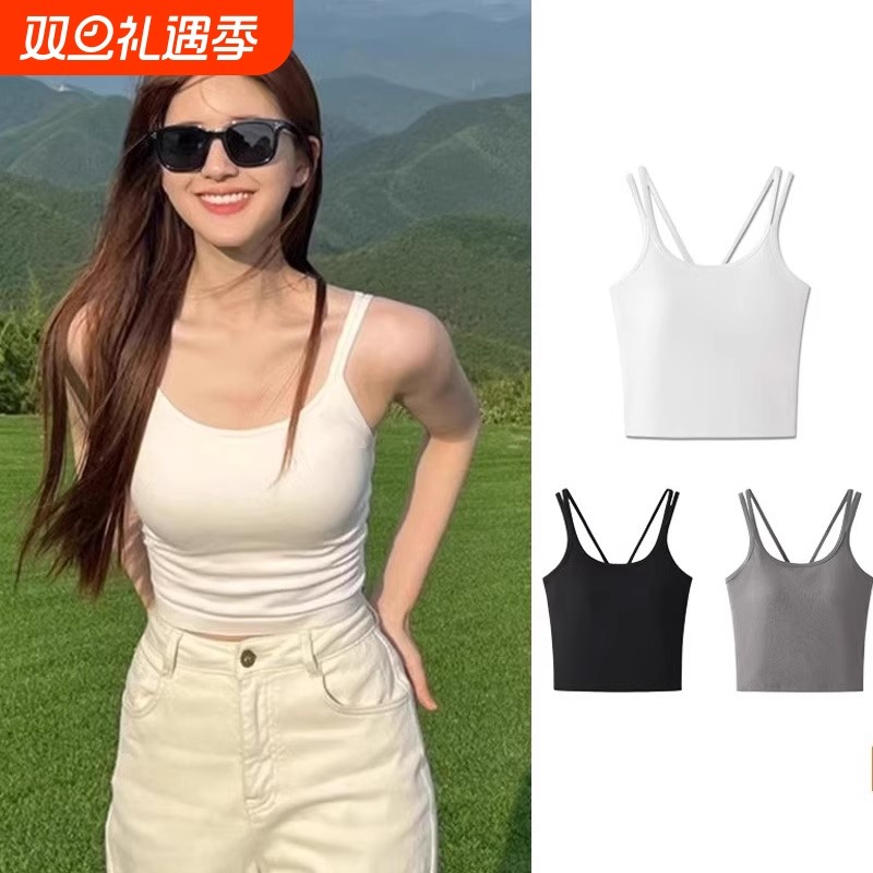胖mm内搭女装带胸垫吊带背心大码女夏季外穿白色美背文胸一体上衣