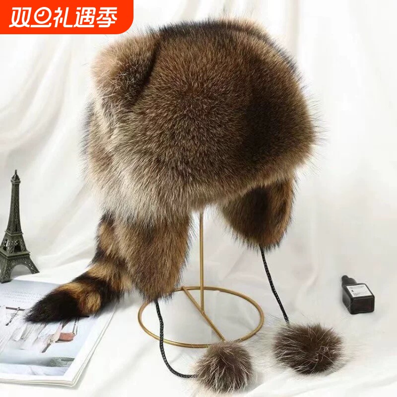 小浣熊儿童帽子护耳帽仿貉子毛雷锋霸王帽尾巴冬季保暖男女皮草