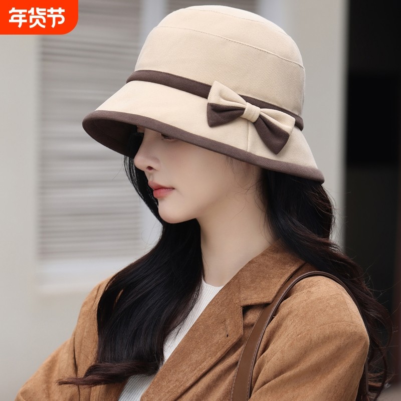 渔夫帽子女秋冬季英伦复古蝴蝶结盆帽时尚百搭保暖显脸小黑色咖色