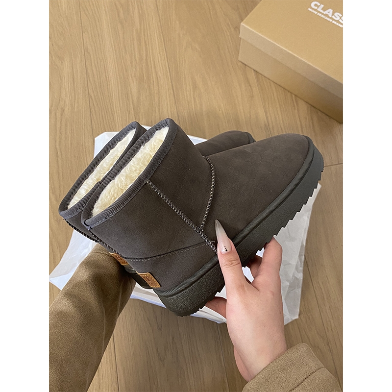 周冬雨mini同款真牛皮雪地靴女男冬加绒加厚皮毛一体情侣棉鞋中筒