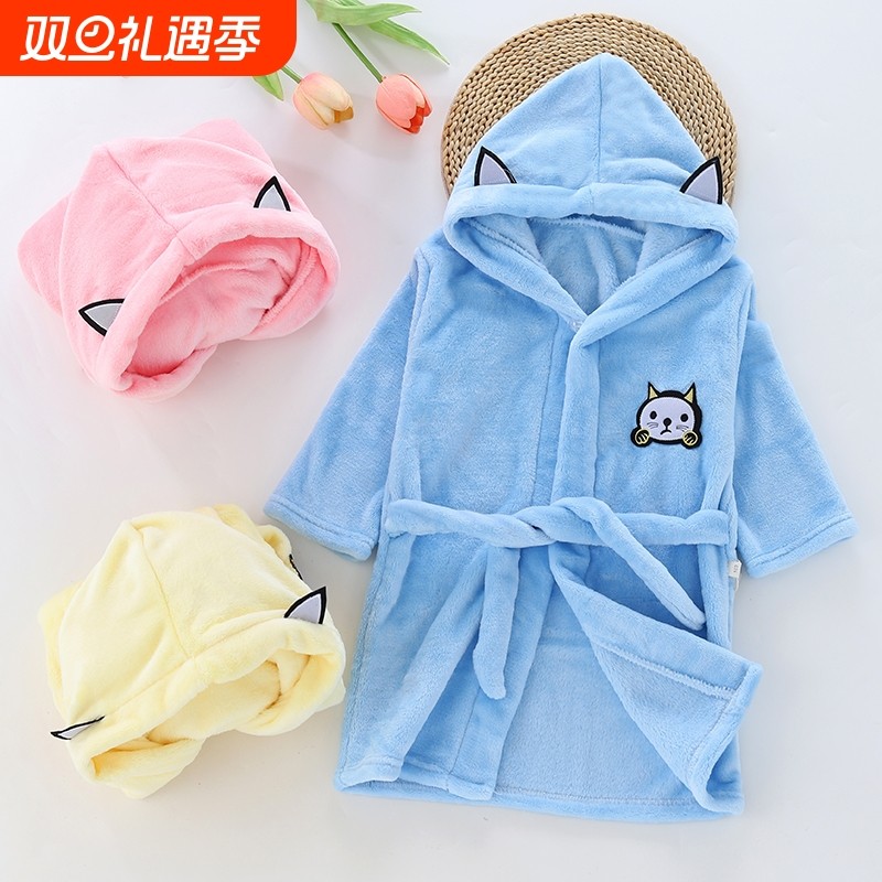 秋冬新款男女童睡袍中小儿童睡衣珊瑚绒连帽动物浴袍