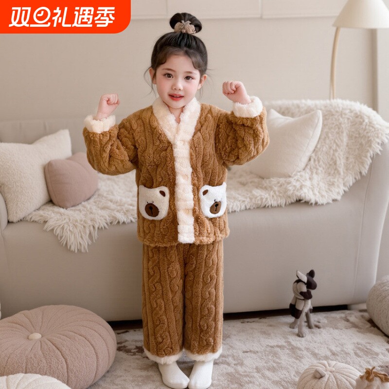 2025儿童睡衣冬季加绒珊瑚绒卡通套装女宝宝保暖开衫家居服HDD308