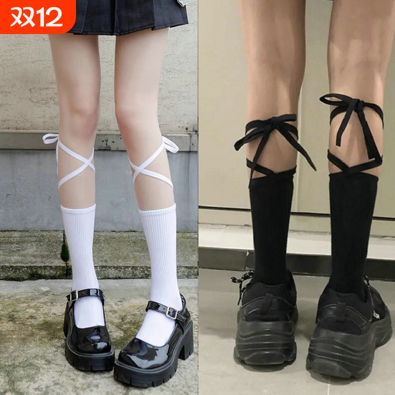 交叉小腿白色萝莉风系带长袜子