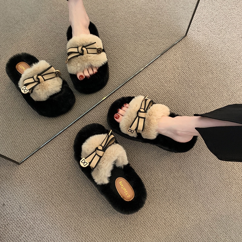 增高7cm毛毛棉拖鞋女2025秋冬新款蝴蝶结网红居家外穿高跟鞋子