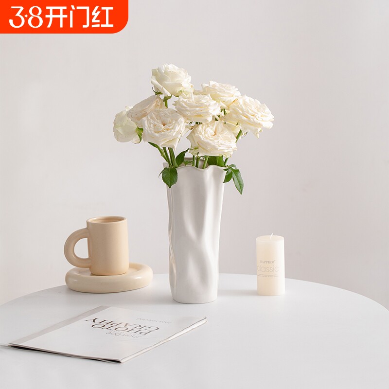 高级感奶油风陶瓷花瓶客厅摆件玄关餐面插花轻奢水培鲜花干花装饰
