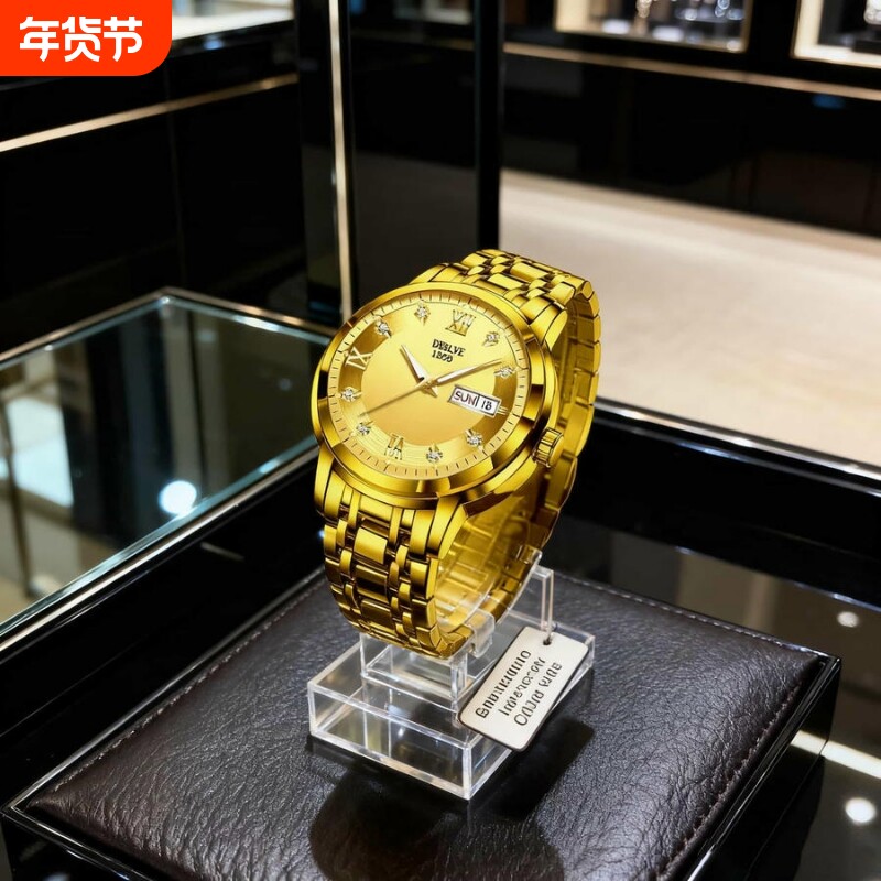 正品瑞士2024新款手表男士全自动机械风防水精钢带双日历男表夜光