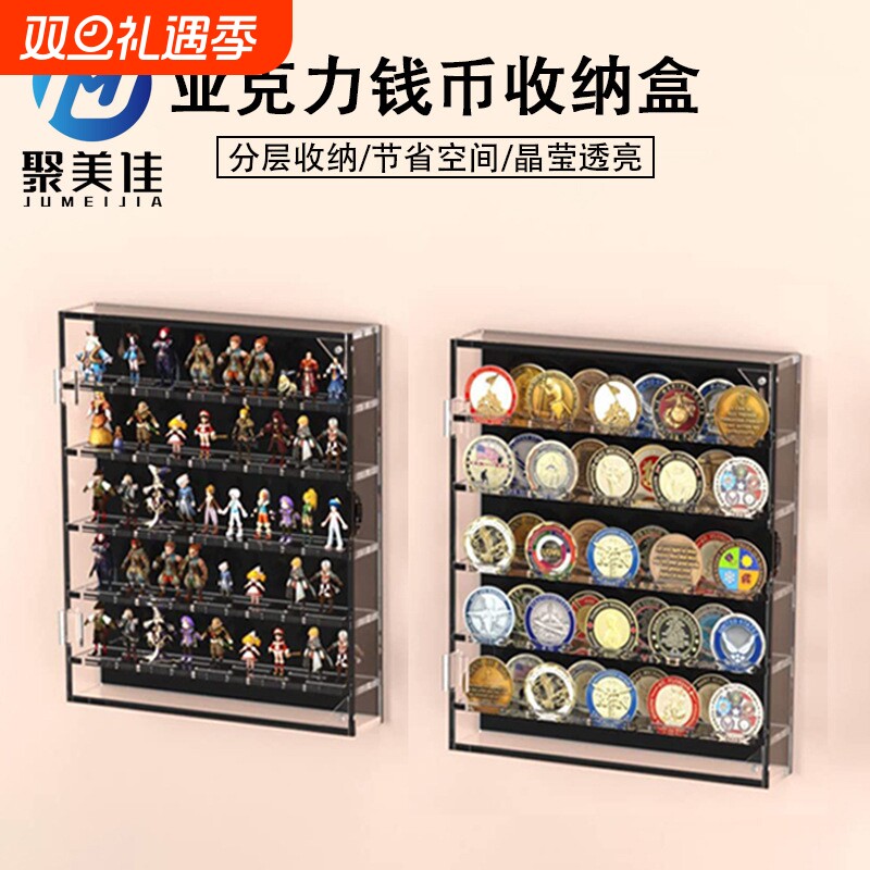 亚克力钱币收纳盒透明圆形纪念古钱币展示盒多层壁挂徽章收藏架