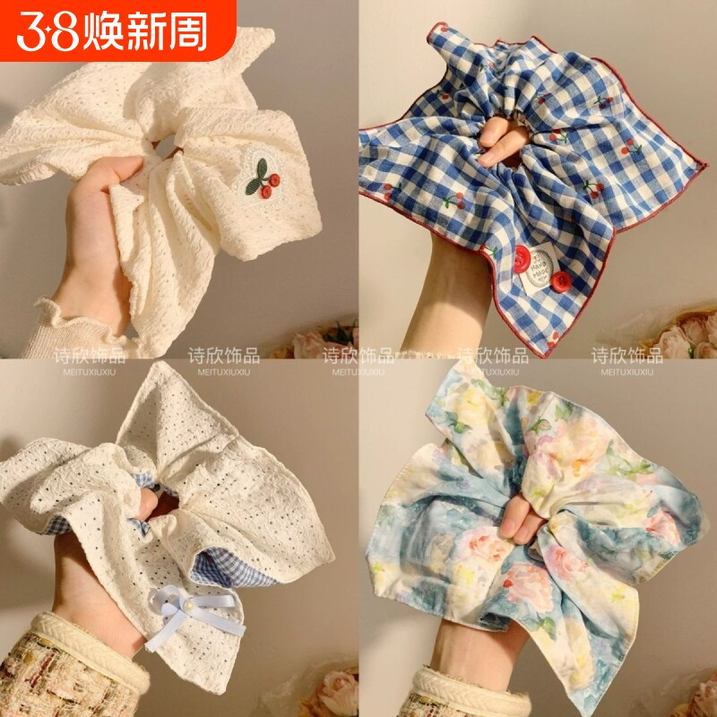 韩系蓝色格子方巾大肠发圈女方形头绳高级感慵懒风扎头发大号发饰