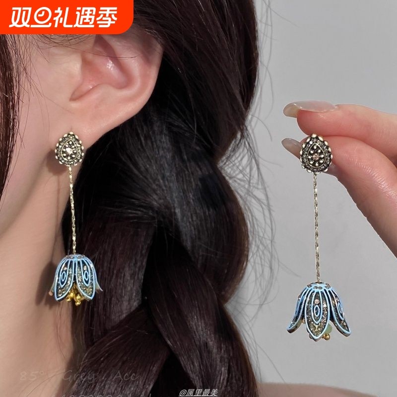 姜妍同款花朵耳环长款波西米亚民族风流苏耳饰女复古高级耳钉耳夹