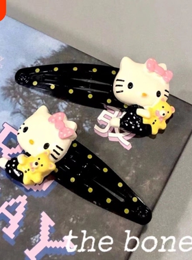少女波点印花kt发夹bb黑色卡通y2k学生可爱复古刘海头饰侧边发饰