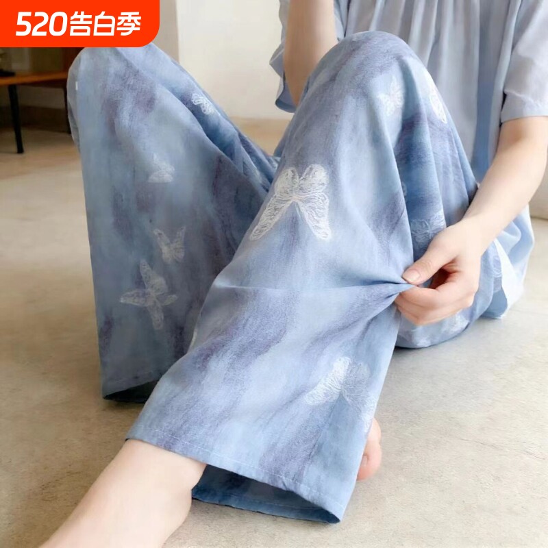 棉绸睡裤女夏薄款棉绸长款阔腿裤印花居家可外穿人造棉裤子加大码