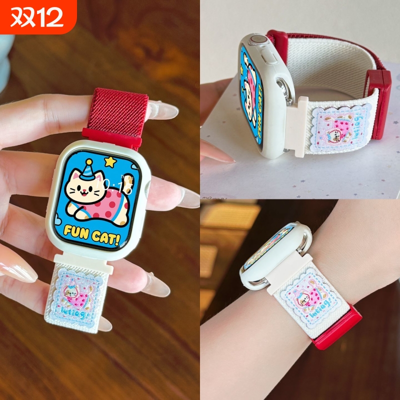 粉色猫咪适用苹果手表s11表带s10弹力编织磁吸扣9/8/7/6/5/4腕带高级新款撞色小米手环9pro腕带8pro