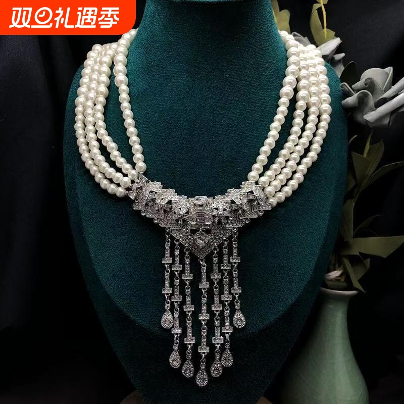 欧美重工多层串珠短款项链镶钻流苏轻奢气质优雅颈链锁骨链