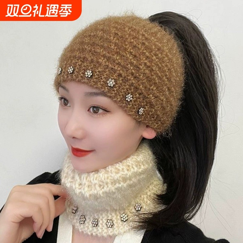 秋冬帽子女护额头巾包头帽头套女针织帽毛线保暖黑色灰色红色铆钉
