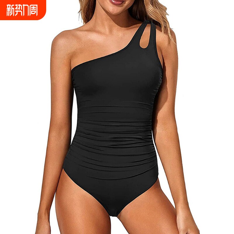 2023欧美跨境外贸新款单肩连体紧身泳衣女性感纯色露背一件代发
