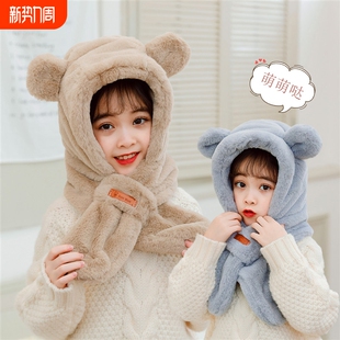 冬天儿童可爱小熊帽子围巾一体冬季新款男童女童宝宝加厚毛绒围脖