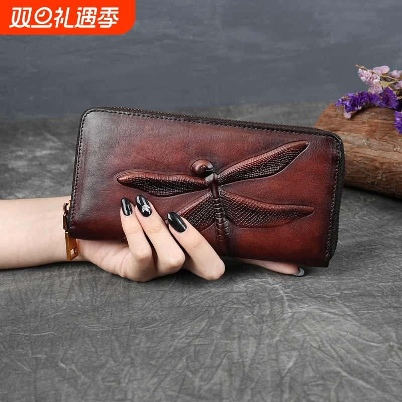 跨境头层牛皮复古钱包蜻蜓压花长款手拿包真皮大容量女士钱包卡包
