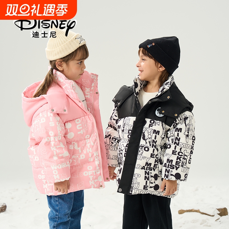 迪士尼儿童羽绒服男女宝宝中小童卡通印花连帽加厚保暖羽绒外套