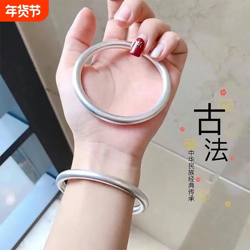 新款镀银古法银红绳手镯传承男女款实心年轻情侣网红饰品现货圈口