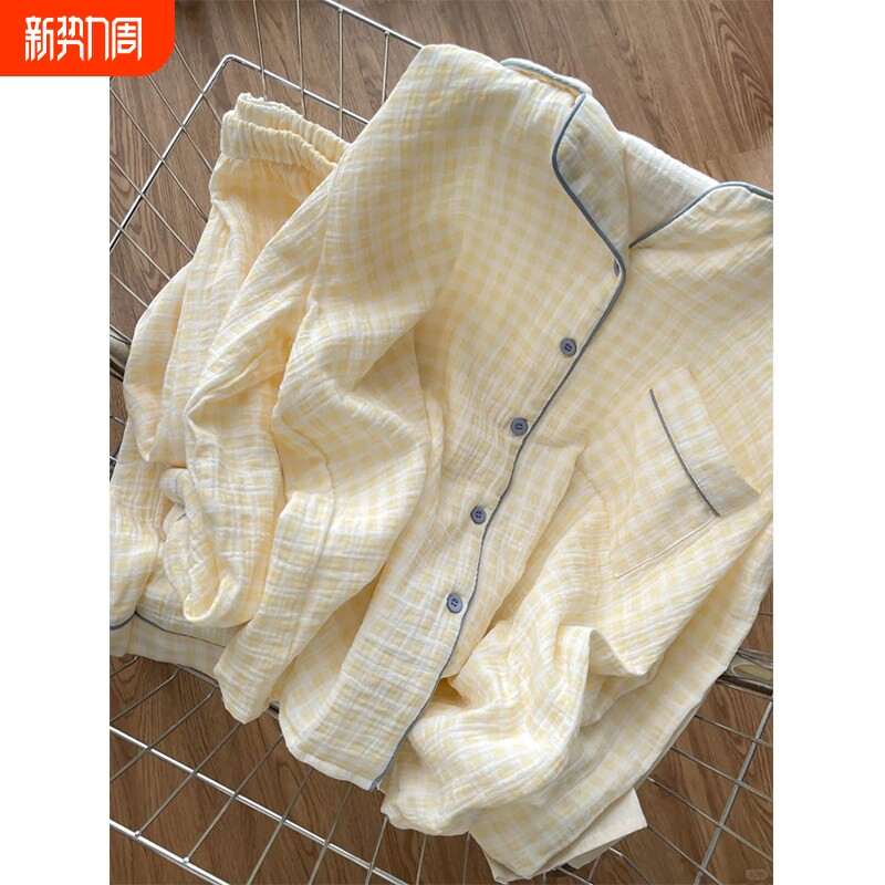 红豆奶呼呼睡衣女春秋季2025新款黄色格子带胸垫云朵棉长袖夏天家