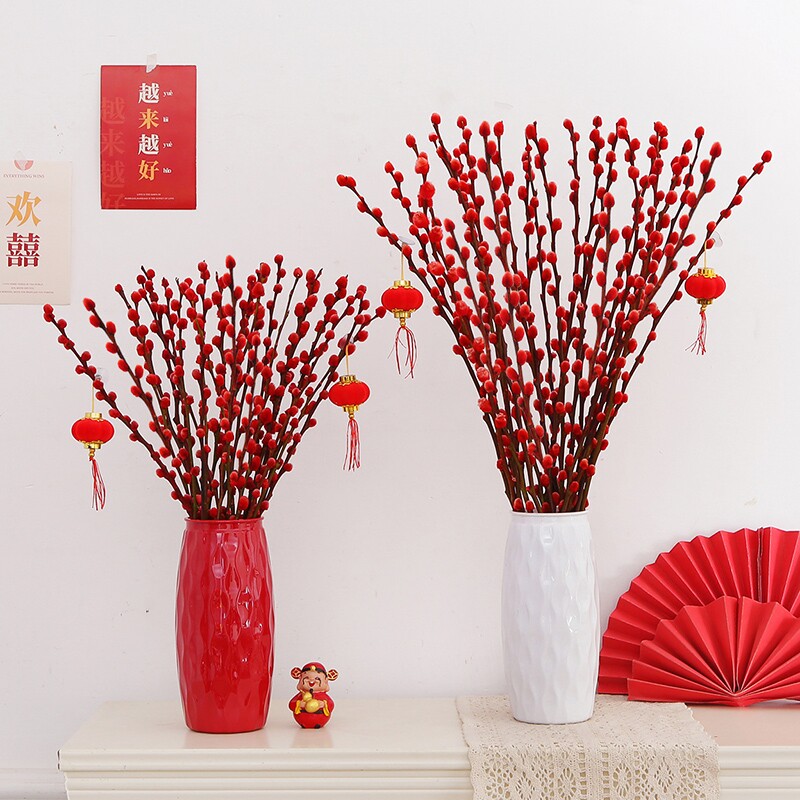 招财银柳年宵花卉干花真鲜花枝耐寒水培植物客厅春节装饰红色摆件