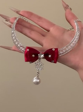 新年氛围感红色蝴蝶结choker秋冬雪花吊坠项链轻奢感独特气质配饰