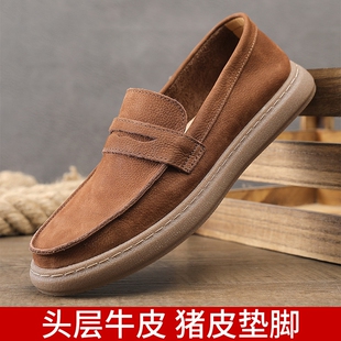 百丽款男士休闲皮鞋一脚蹬懒人鞋厚底圆头潮男社会豆豆鞋反绒皮乐