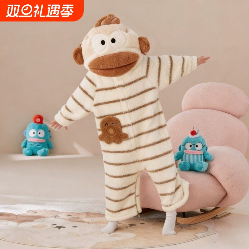 丑鱼套装儿童可爱搞怪连体睡衣男女亲子秋冬加厚珊瑚绒卡通家居服