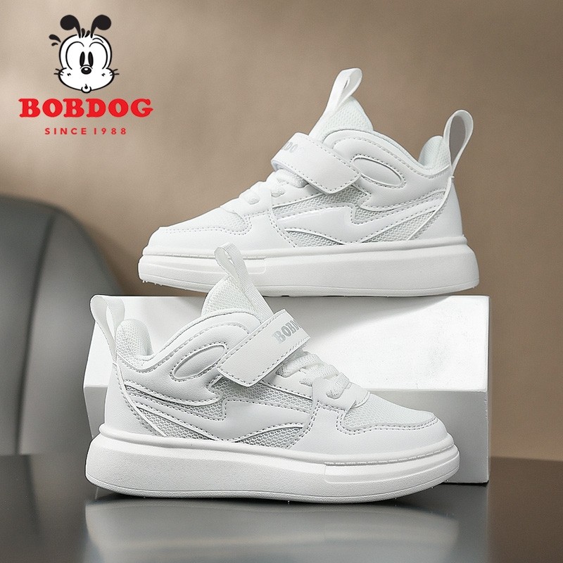 巴布豆男童小白鞋网面休闲板鞋2025春秋新款透气白色女童运动鞋子