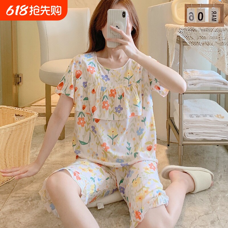 防凸点甜美睡衣女夏超薄棉绸夏天短袖中裤荷叶边套装家居服人造棉