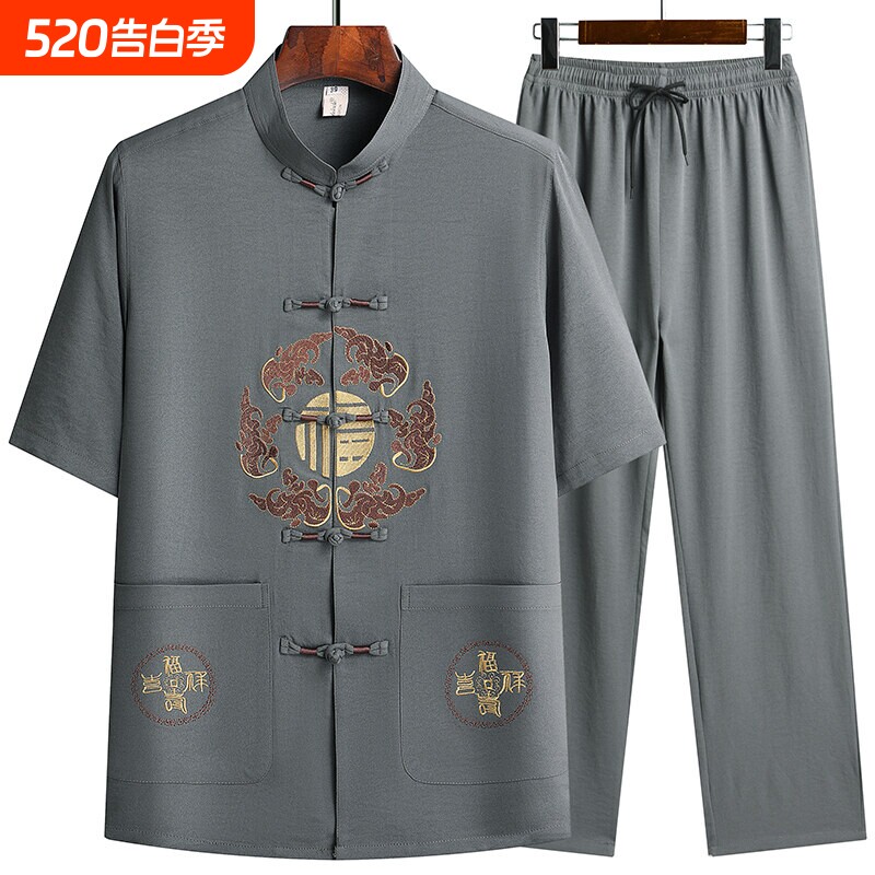 夏季男士唐装短袖套装爸爸夏装父亲中国风老年人爷爷生日汉服两件