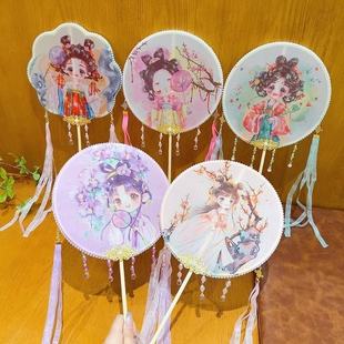 古风扇子印花长木柄儿童成人团扇搭配汉服旗袍舞蹈走秀拍照表演扇