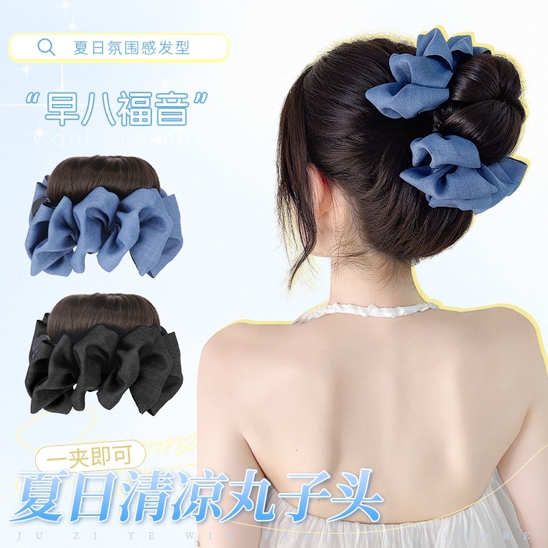 丸子头假发女高扎蝴蝶结花苞头盘发神器抓夹仿真增发量假发发圈
