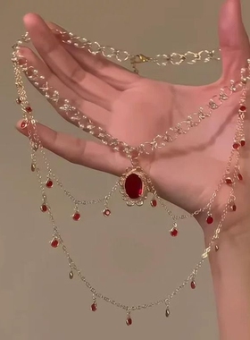 「流霞玉琢」瑞丽双层流苏红色锆石项链叠戴高级轻奢小众锁骨链女