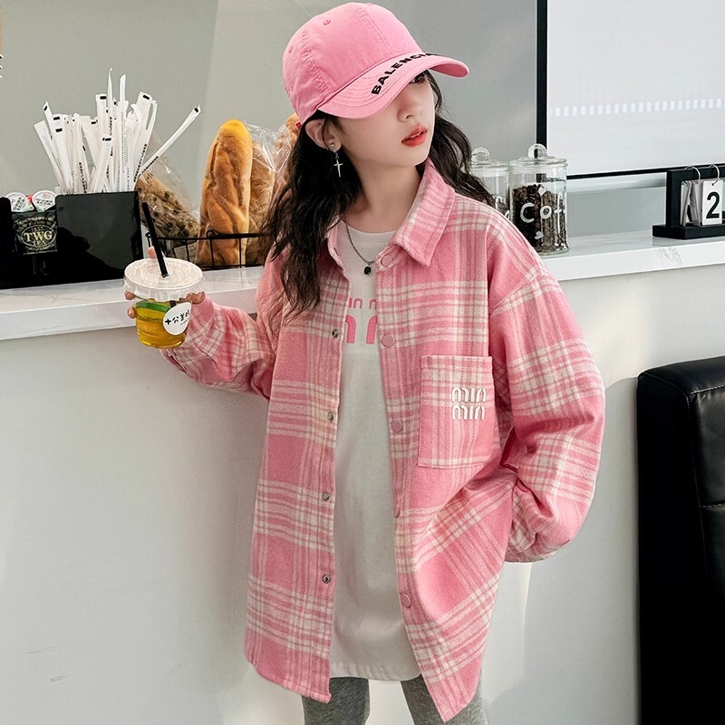 女童长袖衬衫2026春秋新款儿童韩版洋气时髦格子上衣秋装潮粉色