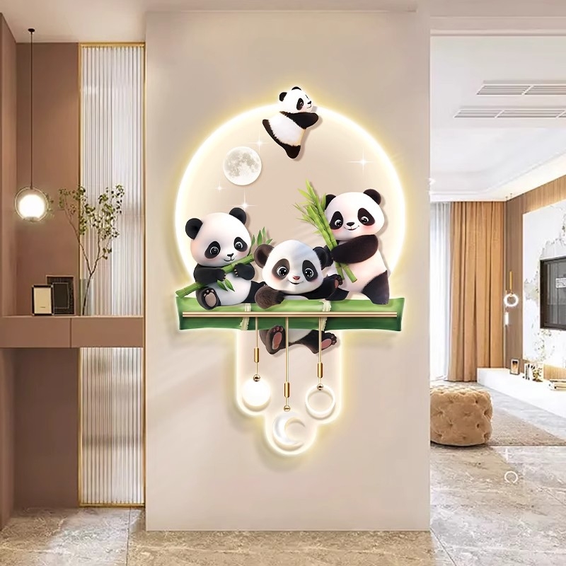熊猫玄关装饰画走廊过道背景墙挂画高级感壁画进门正发光灯画奶油