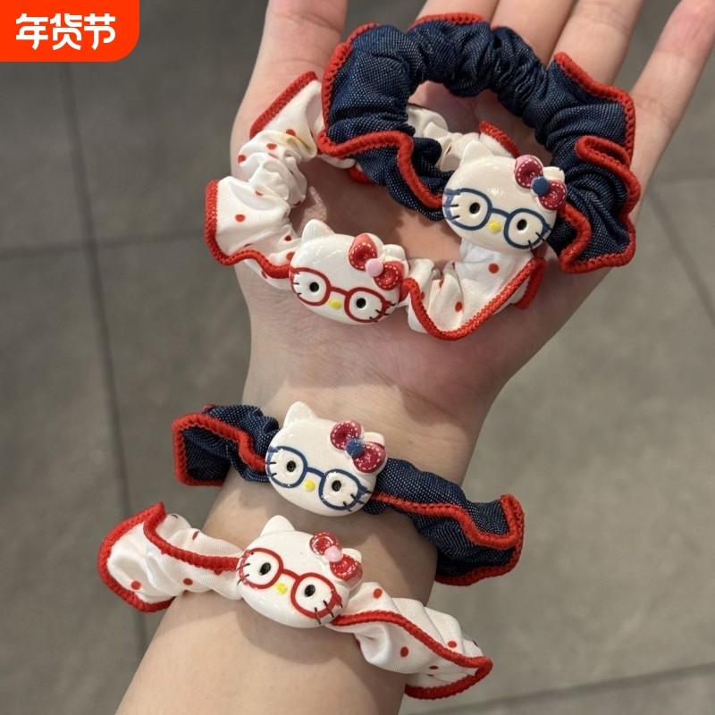 可爱牛仔KT猫发圈甜美少女马尾高弹力扎头马尾小肠圈慵懒风发饰