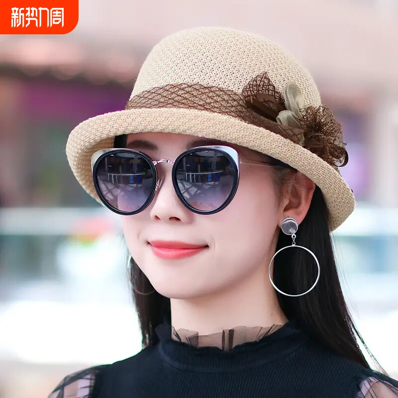 妈妈盆帽帽子女渔夫帽女士夏季时尚薄款透气草帽礼帽卷边花朵紫色