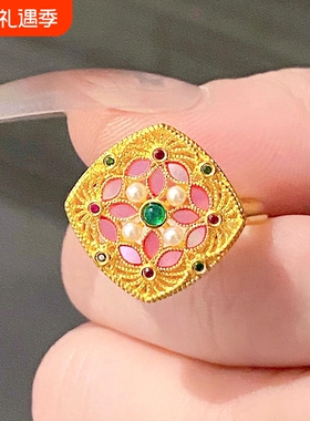 复古黄金色花丝繁花四合如意戒指