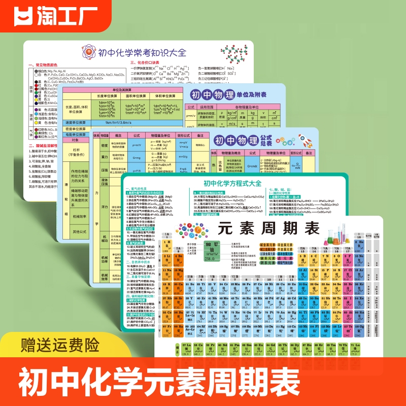 初中化学元素周期表卡片化学方程式大全数学物理化公式挂图元素周期表卡片带拼音化学方程式大全卡学渣变学霸