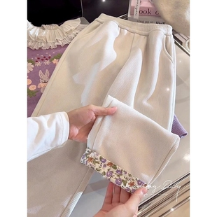 女童加绒阔腿裤秋冬装2026儿童休闲裤女孩灯芯绒裤子洋气白色紫色