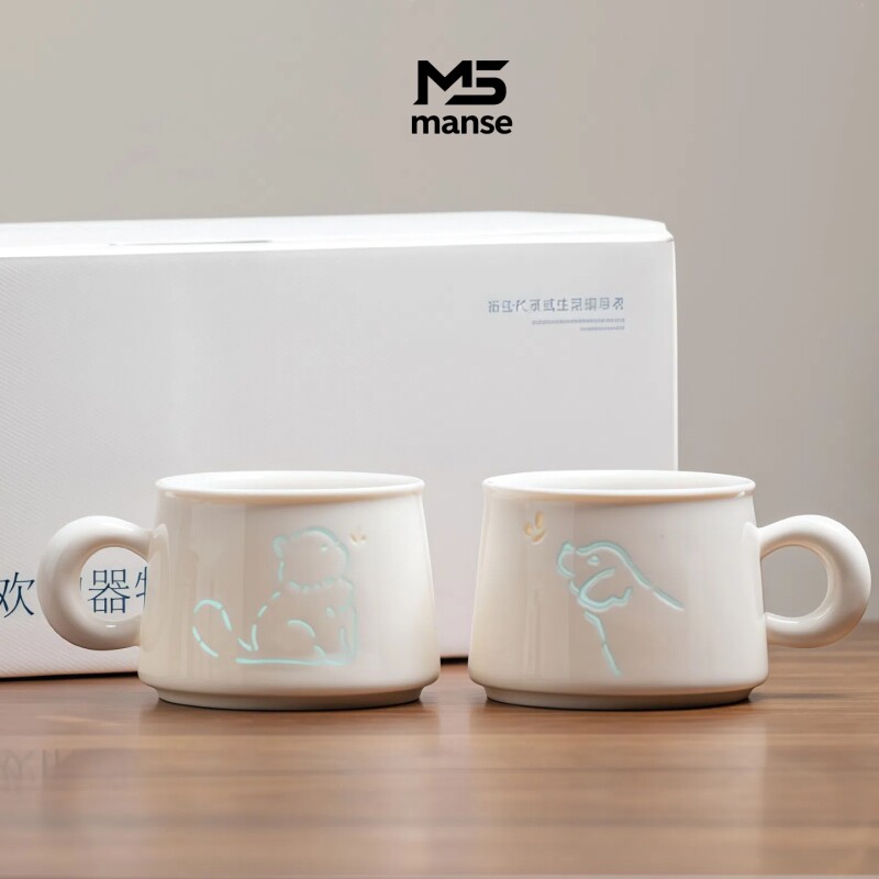 玲珑猫狗咖啡杯情侣对杯功夫茶茶道茶水分离茶杯情人节礼盒装送礼