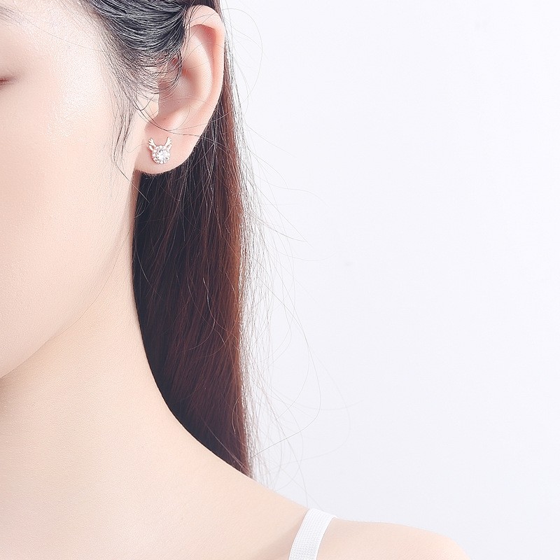 S999纯银鹿角耳钉甜美森系气质韩国简约清新镶钻麋鹿耳钉圣诞耳饰