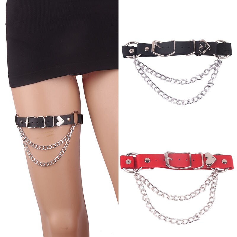 日韩原宿爱心装饰腿环腿圈松紧带可调节金属链条流苏腿链吊袜带