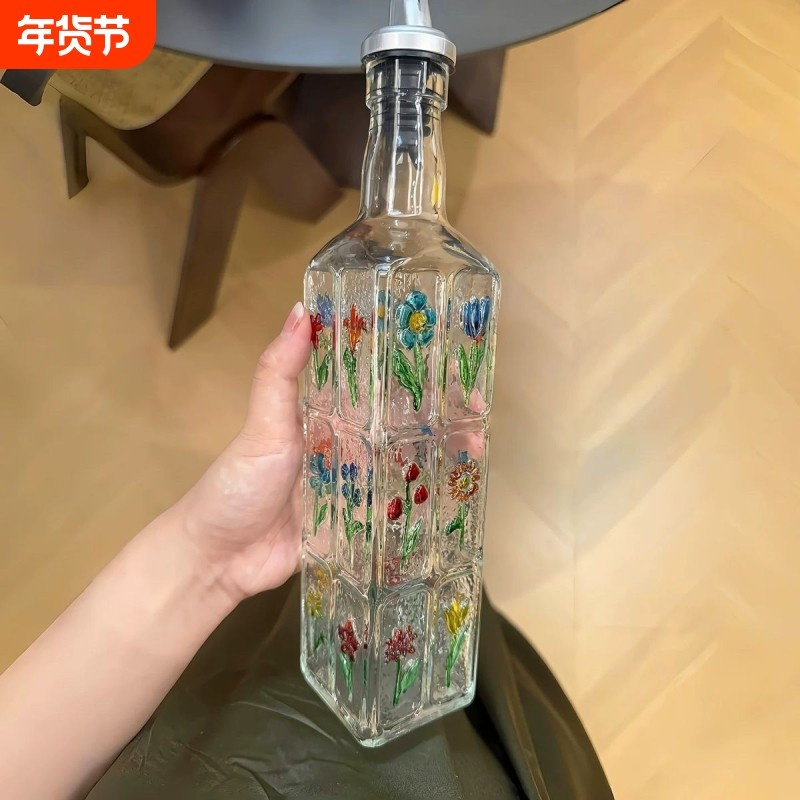 家用厨房醋瓶玻璃油壶油瓶调料瓶酱油瓶方形食品级复古手绘浮雕